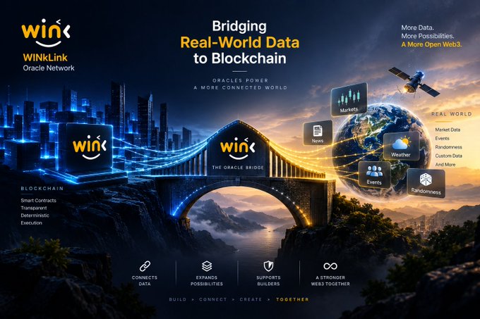 Promotional banner for "WinkLink Oracle Network" with the headline "Bridging Real-World Data to Blockchain," featuring a glowing bridge connecting a city to Earth, surrounded by icons for Markets, News, Weather, Events, and Randomness.