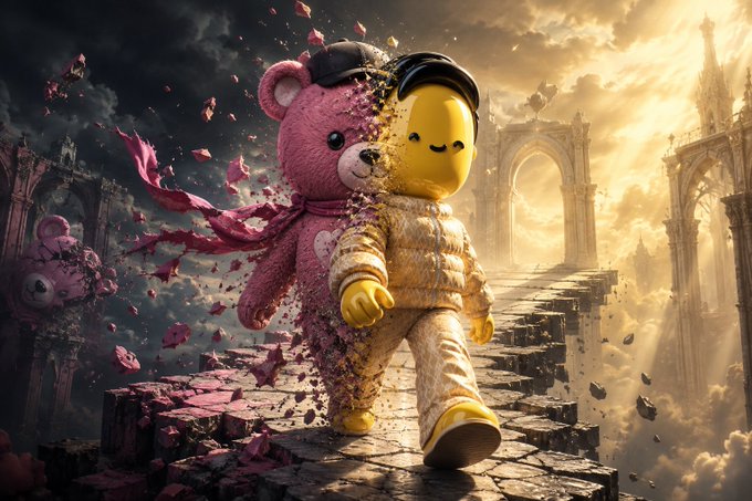 A surreal scene depicting a yellow bear-like character with a pink teddy bear splitting apart on a stone bridge among clouds and ruins under a dramatic sky.