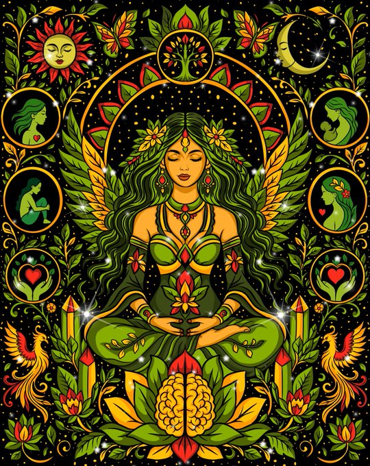A woman with flowing green hair sits in a meditative lotus pose, crowned by floral mandalas and framed by celestial motifs of the sun, moon, and nurturing mother figures, symbolizing the healing journey from pain to self-discovery. This artwork, titled "Healing Soul Edition - 10" by an artist using the #EMERGENT collection, visually reflects the post's tribute to a mother's resilience and spiritual rebirth, offered in support of #xtz.