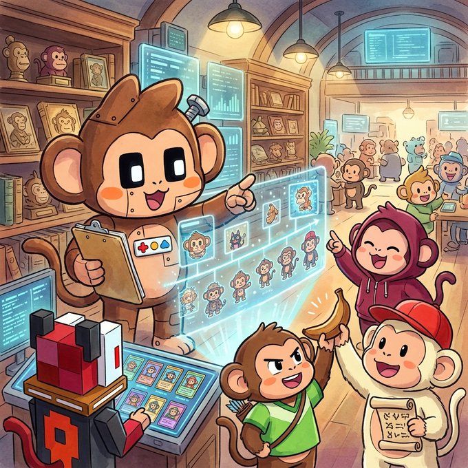 A colorful illustration of cartoon monkeys in a tech-themed shop, with one monkey pointing at a holographic display showing monkey NFTs while others excitedly gather around.