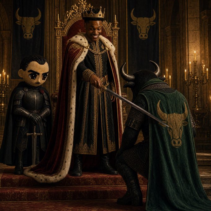 A king in royal robes and a crown extends a sword to a kneeling knight in a green bull-emblem cloak, while a small armored figure stands guard on the throne steps, mirroring the post's message of $ANSEM earning respect through bringing "the trenches back."