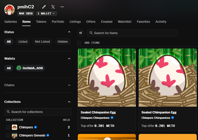 A dark-themed NFT marketplace interface shows two 'Sealed Chimpanion Egg' items from the 'Chimpers Chimpanions' collection, each with a top offer of 0.201 WETH, under the username 'pmihC2'.