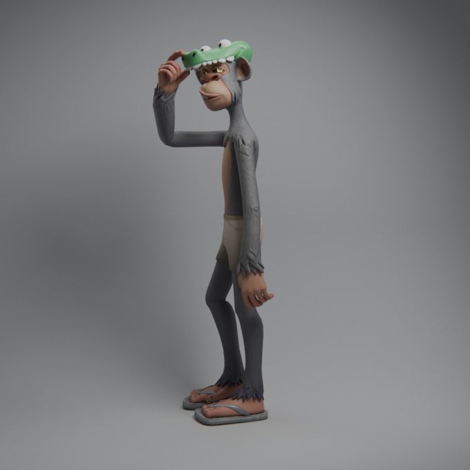 A 3D rendered illustration of a stylized monkey character wearing a green frog hat, standing in profile against a gray background.