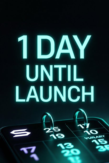 A neon-styled graphic displays '1 DAY UNTIL LAUNCH' in glowing teal text above a close-up of a spiral-bound calendar showing February dates.