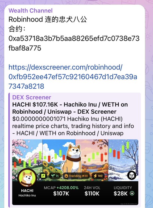 A crypto channel post showing a contract address for 'Robinhood' on DEX Screener, featuring 'HACHIKO INU / WETH' trading pair with an MCAP of $107K and a Trending #20 badge.