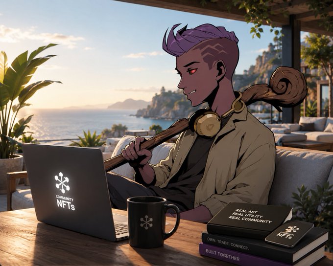 An anime-style purple-skinned character with headphones around their neck holds a staff while sitting on a couch using a laptop displaying 'COMMUNITY NFTs', with nearby books reading 'DEFI, AMT, REAL LOYALTY, REAL COMMUNITY' and 'OWN, TRADE, CONNECT, BUILT TOGETHER'.