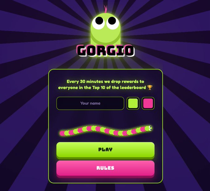 The image features a game called "GORGIO" with a purple background, green snake, and pink and yellow buttons. The game appears to be a leaderboard game where players can claim their name if they stay in the top 30 during an epoch. A caption below the image reads, "Have you played Slitherio? Well, we have much better option. Introducing GORGIO, a Slitherio like game where you claim SOL if you stay in the top 30 during an epoch."