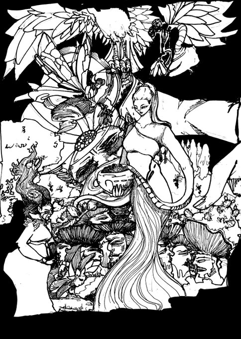 A detailed black and white illustration featuring a fantasy scene with a female figure, dragon-like creatures, and various other characters in an intricate manga or comic art style.