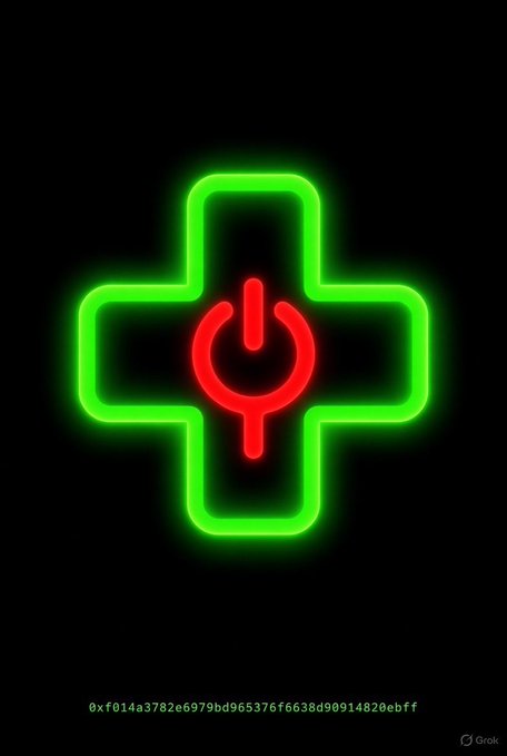 A neon green medical cross with a red power symbol in the center, displayed on a black background with a hex string at the bottom and a Grok watermark.