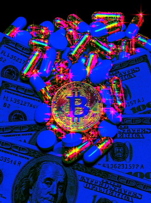 A vibrant, stylized digital collage featuring a golden Bitcoin coin at the center, surrounded by scattered blue and colorful capsules and pills, all layered over $100 bills.