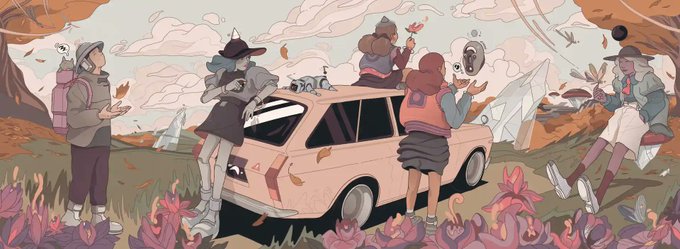 An animated illustration depicts several characters in hats exploring an alien landscape around a damaged white vehicle.