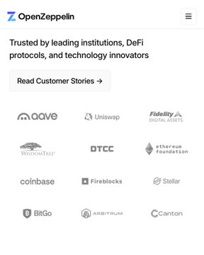The OpenZeppelin website homepage displays the tagline 'Trusted by leading institutions, DeFi protocols, and technology innovators' alongside logos for Aave, Uniswap, Coinbase, Fireblocks, and others.