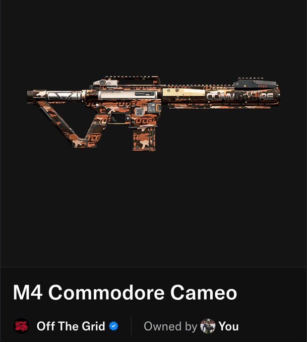 A video game weapon skin display showing the 'M4 Commodore Cameo' assault rifle with an orange camouflage pattern, tagged as 'Off The Grid' and 'Owned by You'.