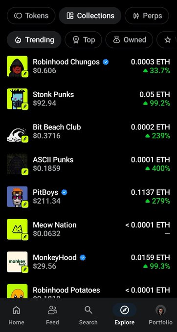 A mobile app screen showing a Trending NFT collections list, including 'Robinhood Chungos' at $0.606, 'Stonk Punks' at 0.05 ETH, and 'Bit Beach Club' at 0.0002 ETH, with various percentage changes.