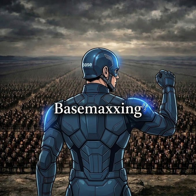 An illustrated superhero figure labeled "Basemaxxing" stands triumphantly with a raised fist, overlooking a vast army beneath a cloudy sky, with "base" displayed on the helmet—symbolizing the unstoppable momentum and collective strength behind the $BASE community.
