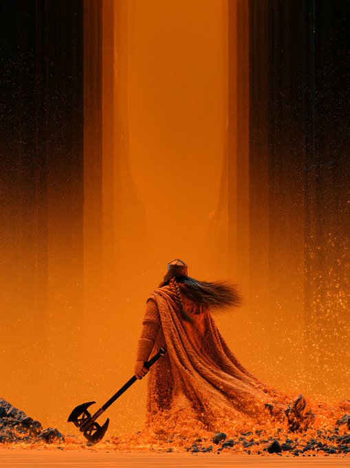 A fantasy digital artwork depicting a warrior with long hair and a flowing red cape standing with a double-bladed axe, facing a massive glowing orange doorway or portal with a small silhouetted figure in the distance.