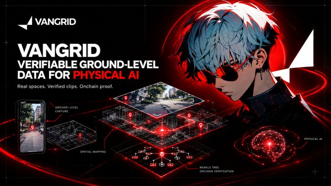 An advertisement for 'VANGRID' displaying an anime-style character with white hair and a black eyepatch, promoting 'verifiable ground-level data for physical AI' with features like ground-level capture, spatial mapping, and Merkle tree on-chain verification.