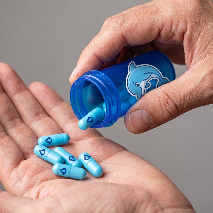 A person pours light blue capsules marked with a "D" symbol from a blue bottle featuring a dolphin logo into their palm. The imagery of someone dispensing pills visually reinforces the post's playful wordplay suggesting that taking "AQUA pills" (likely referring to a cryptocurrency) daily protects one's Bitcoin.