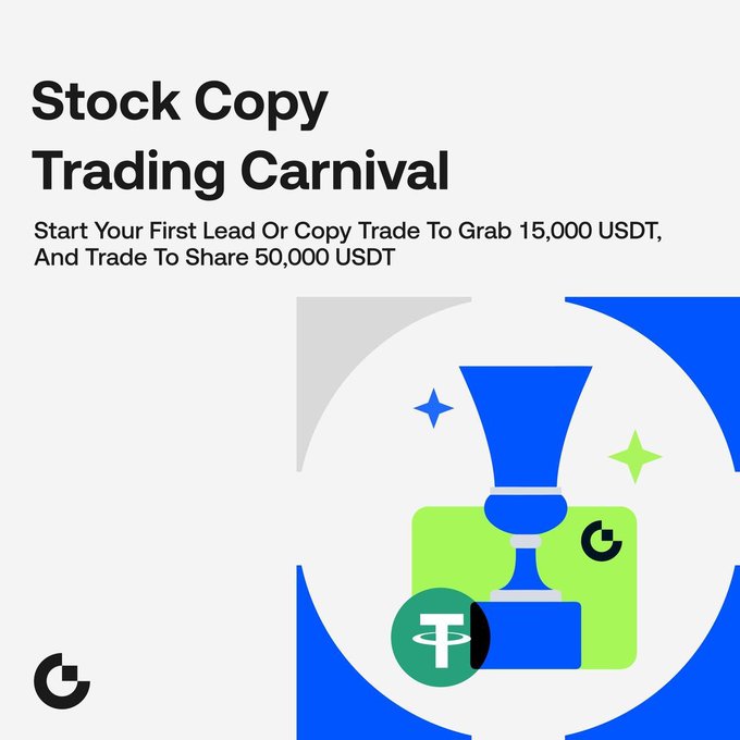 A promotional graphic for a "Stock Copy Trading Carnival" featuring a blue trophy illustration alongside USDT (Tether) and platform logos. The offer promotes up to 15,000 USDT for a first lead/copy trade and a 50,000 USDT trading prize pool, aligning with the post's launch event for stock copy trading rewards.