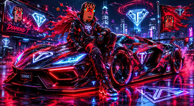 A pixelated figure with a red cape sits atop a sleek red and black sports car with "T" logos, set against a neon-lit cyberpunk cityscape featuring "DIAMOND T" branding and diamond emblems.