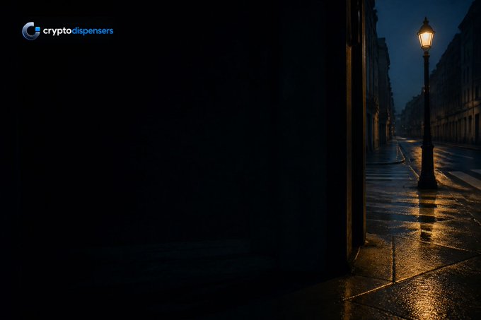A dark, atmospheric photograph shows a wet city street at night, illuminated by a glowing vintage lamppost that casts a warm reflection on the damp pavement, with the logo 'cryptodispensers' visible in the top-left corner.