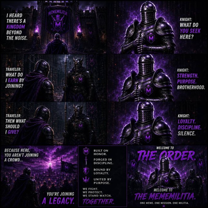 Dark purple and black comic-style recruitment graphic for 'Mememilitia,' featuring armored knights with dialogue about honor, discipline, and loyalty, ending with 'Welcome to The Mememilitia: One meme. One mission. One militia.'