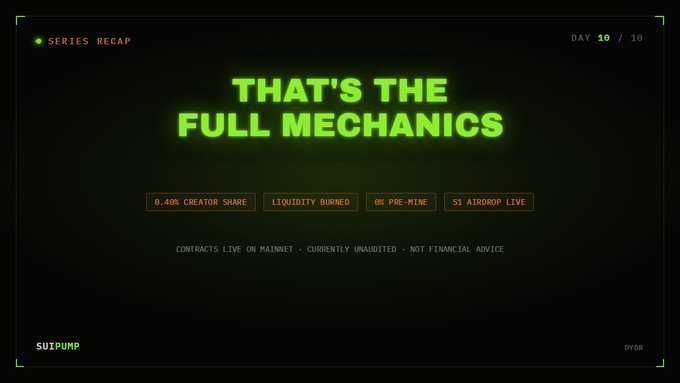 A dark screen with neon green text reading 'SERIES RECAP' and 'THAT'S THE FULL MECHANICS', along with labels for '0.49% CREATOR SHARE', 'LIQUIDITY BURNED', '6% PRE-MINE', and '$1 AIRDROP LIVE', plus a note stating 'CONTRACTS LIVE ON MATNET - CURRENTLY UNAUDITED - NOT FINANCIAL ADVICE'.