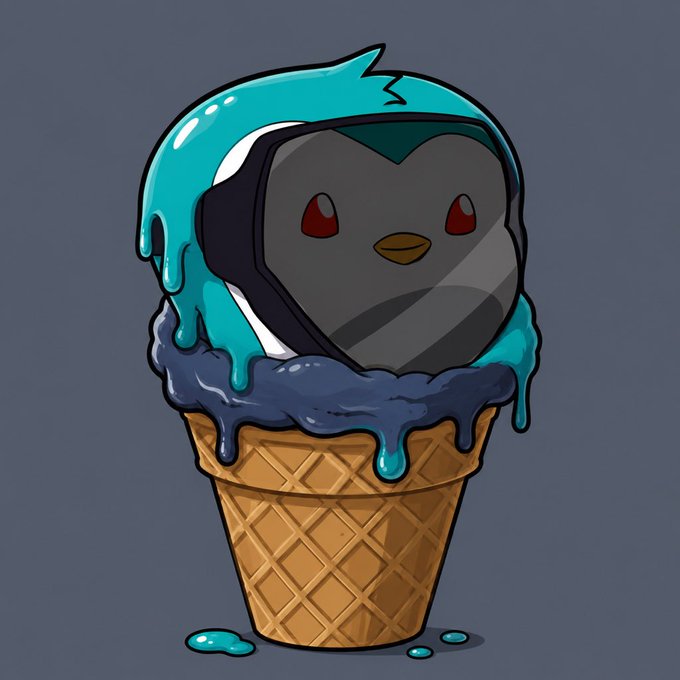 A cartoon illustration of a black penguin-like character with red eyes serving as the scoop of an ice cream cone, topped with dripping blue and dark blue ice cream.