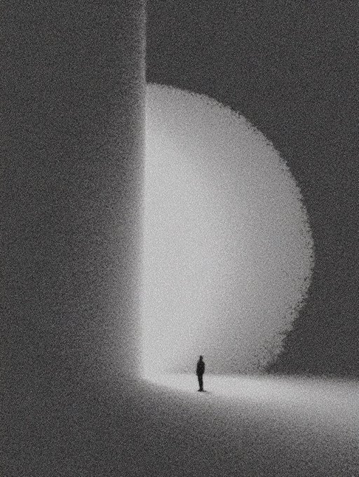 A lone silhouetted figure stands in a vast grayscale space, dwarfed by a massive circular form that emerges from behind a vertical wall, creating a sense of scale and solitude.