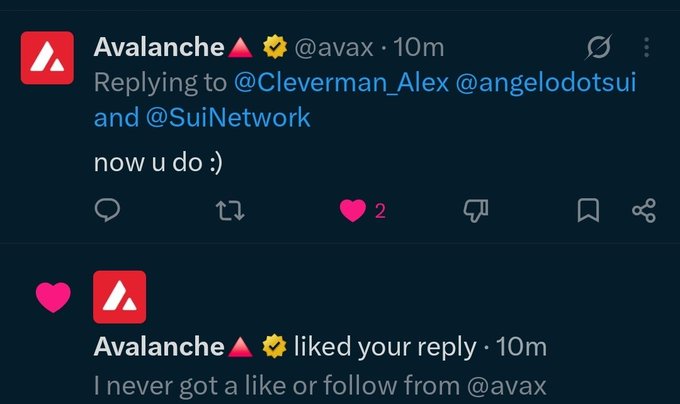 A Twitter exchange showing a reply to @Cleverman_Alex from Avalanche (@avax) saying 'now u do :)', with a follow-up comment 'I never got a like or follow from @avax'.