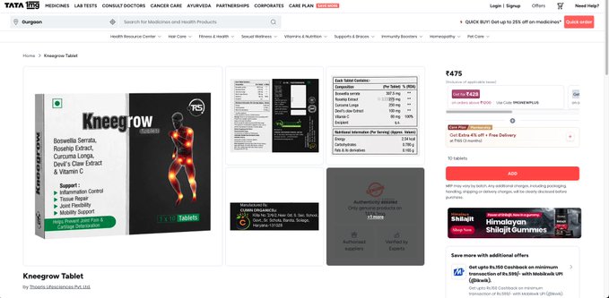 A TATA life sciences webpage displays the “Kneegrow” product line, including “Boswellia Serrata, Ashwagandha, Curcuma Longa, Devil’s Claw Extract & Vitamin D3,” alongside product images and a price of ₹475.