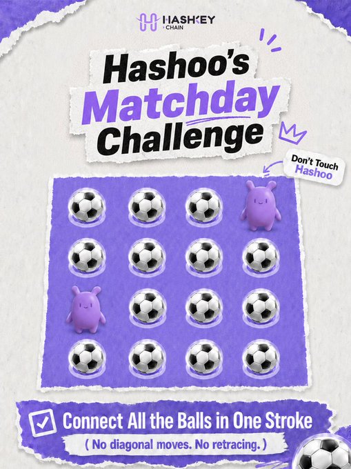 The image features a poster promoting a Hashoo Matchday Challenge. The main focus of the poster is two football-themed items, one purple and the other black and white with a small pink face. The text above these objects encourages participants to connect all the balls in one stroke without touching any of them or retrieving any balls after making their move. To join the challenge, Hashoo users need to follow a specific set of instructions provided in the image. The poster suggests that there are no diagonal movements allowed and that it's best not to retrace any steps taken during the game.