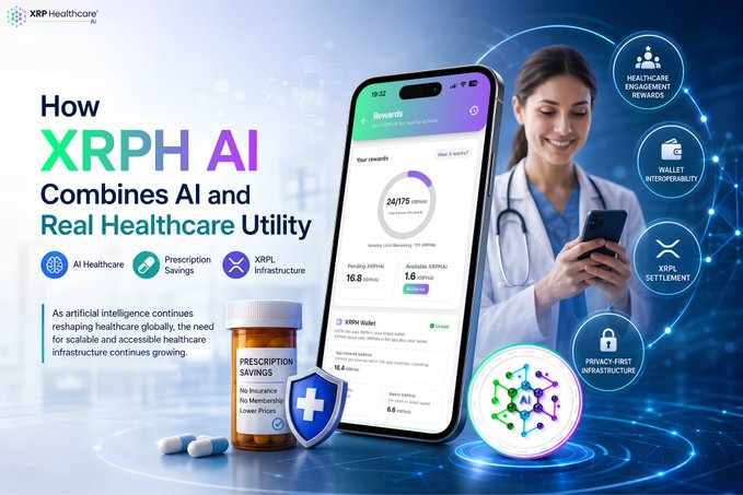 The image features a woman using her cell phone while standing next to several bottles of pills. The text above the image reads "How XRPH AI combines AI healthcare participation, XRPL infrastructure, and scalable accessibility into one connected ecosystem". This suggests that the woman is using an AI-powered app or device for managing her health, possibly related to medication adherence or monitoring her health status.

The bottles of pills are placed in various positions around the image, with some closer to the woman and others further away. The overall scene conveys a sense of modern technology and healthcare integration into everyday life.