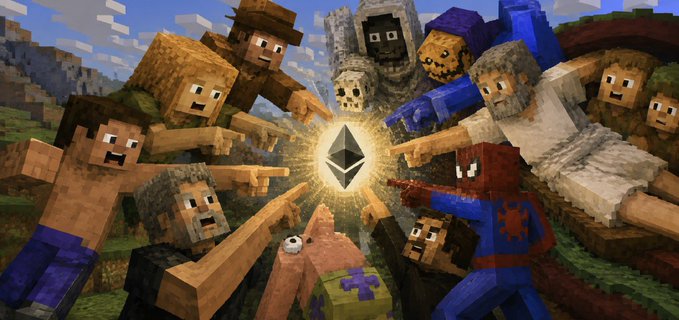 A diverse group of Minecraft characters and creatures surround the glowing Ethereum logo, pointing at it as if in reverence, visually reinforcing the post's declaration that Ethereum is the ultimate crypto among them.