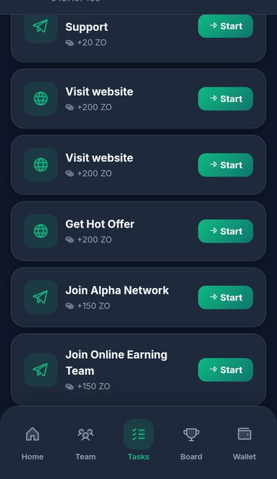 The image displays a task list from a "ZorixGrow" Telegram bot, showing various simple micro-tasks like Support, Visit website, Get Hot Offer, and Join Alpha Network, each rewarding users with 150-200 ZO coins upon completion. This aligns with the post's claim of earning $2-$5 daily by completing these straightforward tasks via the t.me/ZorixGrow_Bot link.