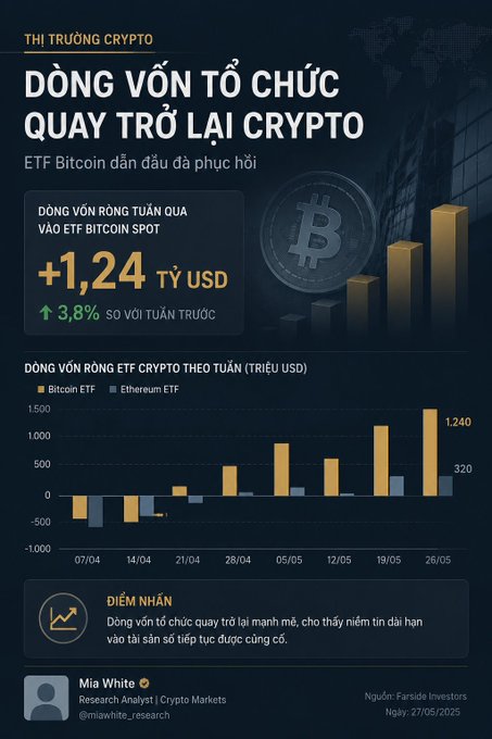A Vietnamese crypto market infographic titled 'DÒNG VỐN TỔ CHỨC QUAY TRỞ LẠI CRYPTO' shows institutional ETF fund flows with +1.24 billion USD into Bitcoin ETF.
