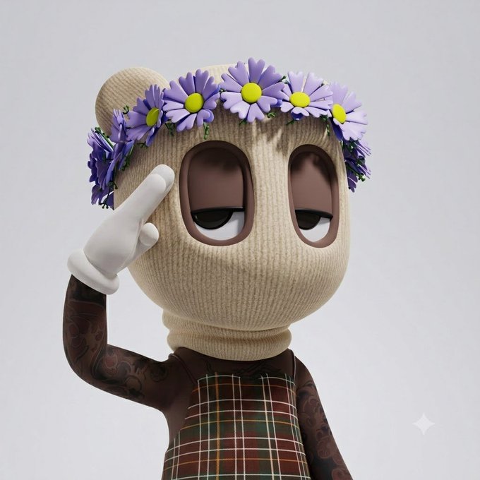 A 3D-rendered character wearing a cream-colored knit balaclava and a daisy flower crown, dressed in a plaid top with tattooed arms, making a peace sign against a white background.