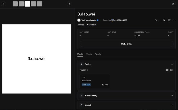 The image shows an OpenSea NFT listing page for the Ethereum-based Web3 Name Service domain "3.dao.wei" (owned by 0x0000...4936), displaying a collection floor of $1.08 and 284/335 subdomains available. This relates to the post's point about Wei DAO's unique feature where every governance proposal is minted as a subdomain NFT, with the proposal details embedded directly into the NFT's metadata visible on OpenSea.