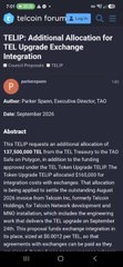 A mobile article screenshot from "telcoin forum" with the headline "TELIP: Additional Allocation for TEL Upgrade Exchange Integration" by author Parker Spann, dated September 2024, discussing a $10,000,000 TEL allocation for TEL Treasury from the TEL Foundation.