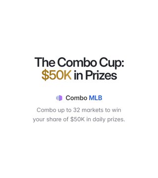 A promotional graphic for 'The Combo Cup: $50K in Prizes' by Combo MLB, encouraging users to combo up to 32 markets to win their share of $50K in daily prizes.