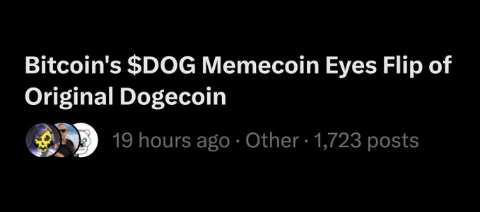 A dark-themed news post with white text reading 'Bitcoin's $DOG Memecoin Eyes Flip of Original Dogecoin', posted 19 hours ago in the 'Other' category with 1,723 posts.
