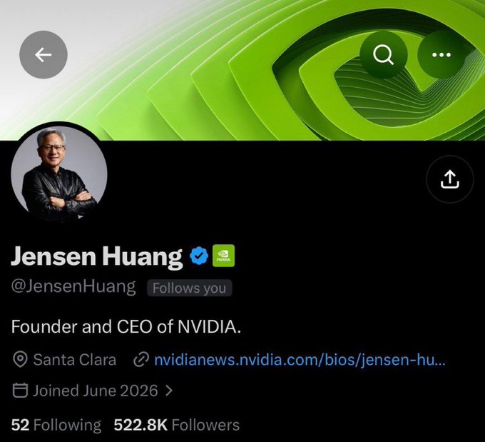 A social media profile of Jensen Huang, the Founder and CEO of NVIDIA, based in Santa Clara, with 522.8K followers.