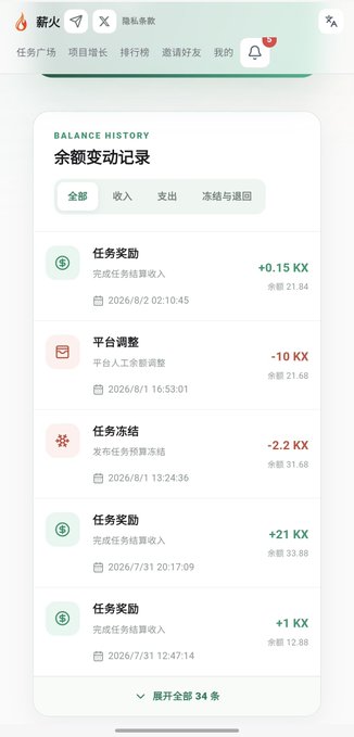 A Chinese-language mobile app interface showing a 'BALANCE HISTORY' (余额变动记录) with various task reward entries, platform adjustments, and a balance of 21.84.