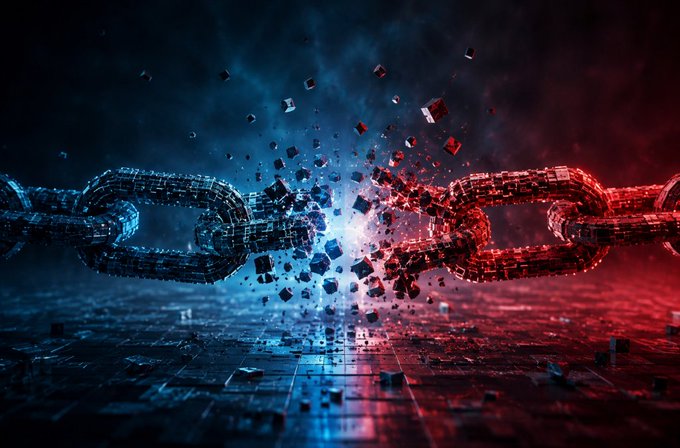 A dramatic digital artwork showing a digital chain breaking apart in the middle, with one side glowing blue and the other red, fragments scattering as the links shatter.