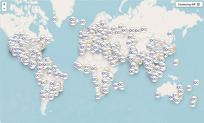 A world map dotted with numerous infinity-style symbols clustered across all continents, with "Clustering OFF" visible in the top-right corner. The image visually represents the global, decentralized reach of the Internet Computer ($ICP), illustrating the worldwide network of nodes where the post suggests trillions in enterprise cloud computing value will eventually migrate on-chain.