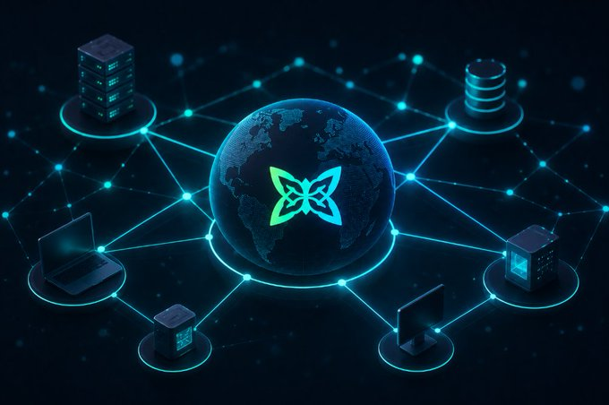 A digital illustration showing a central globe with a glowing butterfly-like logo, surrounded by interconnected nodes representing servers, databases, a laptop, and a monitor, symbolizing a global decentralized network.