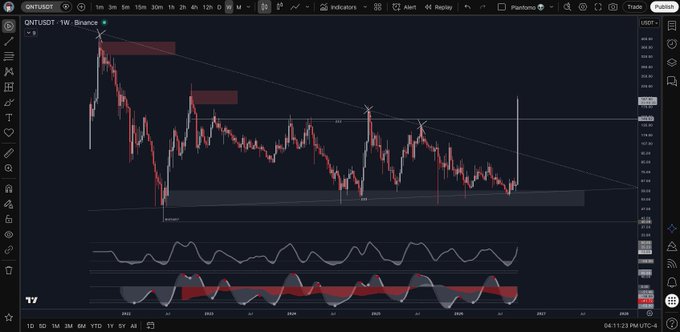 A TradingView weekly chart for ONTUSDT showing a descending triangle pattern with a descending trendline, red highlight zones, and an RSI/oscillator indicator at the bottom.