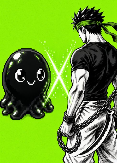 An illustration features a black pixelated octopus-like creature facing off against a muscular man with a green headband and chain on a bright green background.