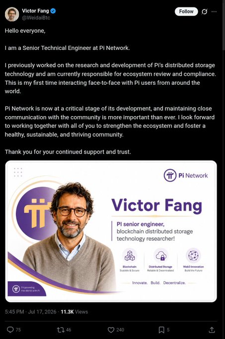 The image shows an X post from verified account "@WeidaBtc" (Victor Fang) introducing himself as a "Senior Technical Engineer at Pi Network," accompanied by a professional profile graphic listing his credentials as "Pi senior engineer, blockchain distributed storage technology researcher" with the Pi Network logo. The post, dated July 17, 2026, is flagged in the accompanying caption as a potential scam, noting that this individual is not actually listed among Pi Network's official team members.