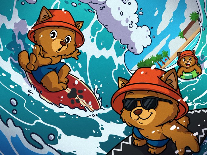 Three cartoon cats wearing red bucket hats surf on dynamic blue waves, with one cat in the foreground sporting sunglasses on a board. The image complements the post's message about a big wave being eclipsed by $BERT, using the surfing felines as a playful visual metaphor for riding an even larger opportunity.